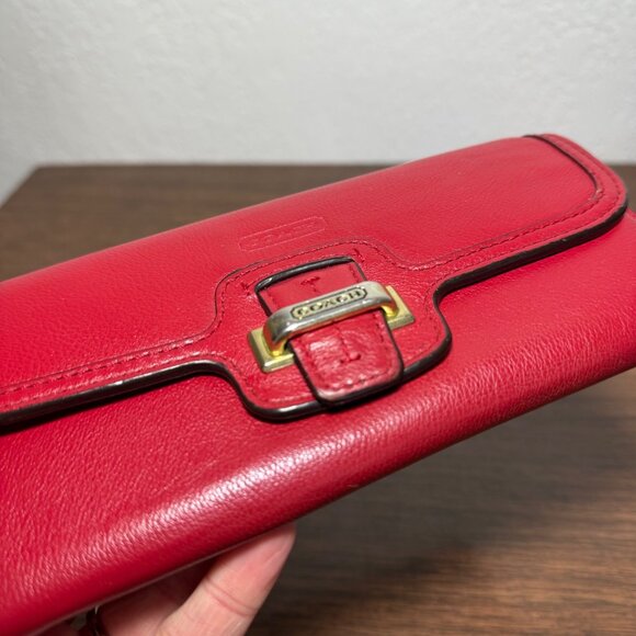 Coach Taylor Leather Checkbook Wallet Fold Over Snap Front Red Gold Y2K Classic - Picture 8 of 12